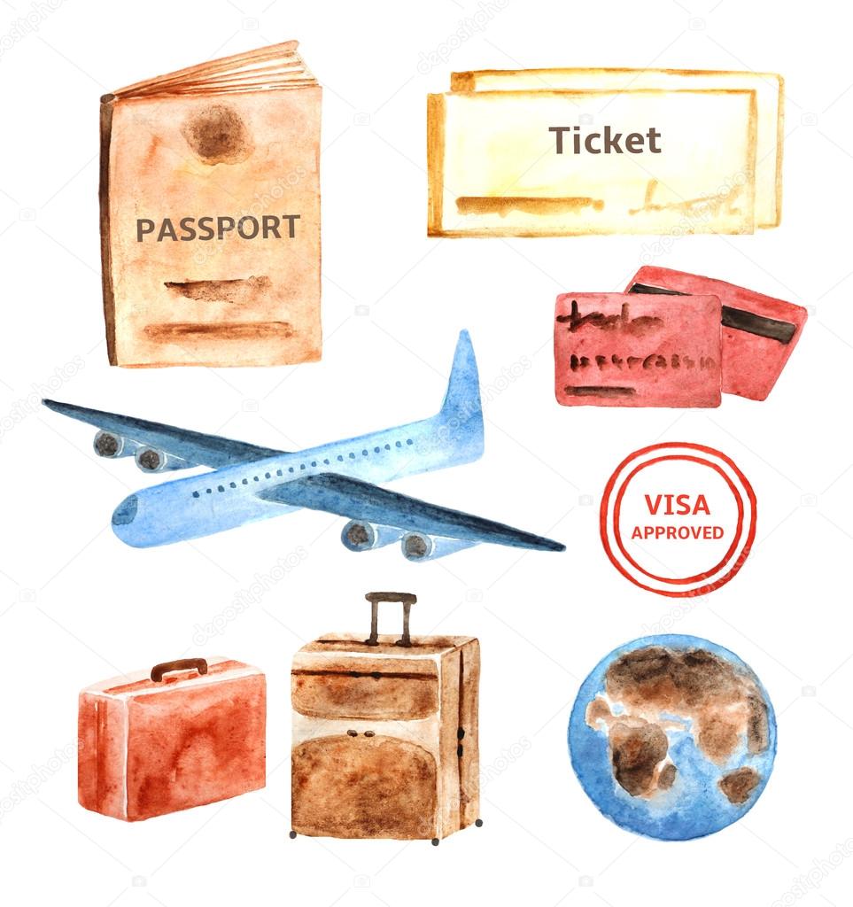 Watercolor travel, tourist objects collection Stock Illustration by  ©NadineVeresk #96520496